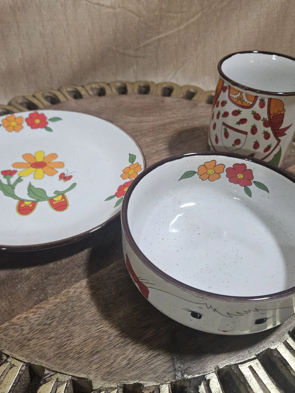 VTG Interpur Stacking Childrens Dish Set Strawberry Girl Bowl Mug Plate 3 Pc Set
